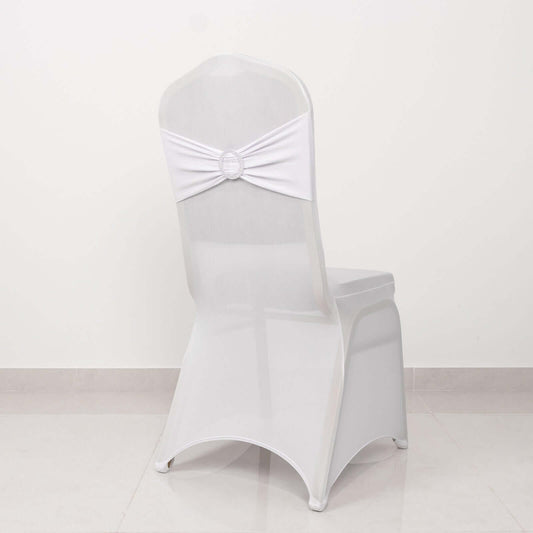 Spandex Chair Cover with Silver Rhinestone Buckled Sash Band White - Stylish Stretch Fitted Slipcover for Banquets & Events - Bell Racket Store