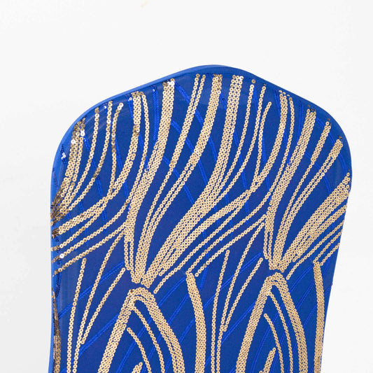Spandex Chair Cover with Wave Embroidered Sequins for Banquet Chairs Royal Blue/Gold - Glittering Stretch Fitted Slipcover - Bell Racket Store