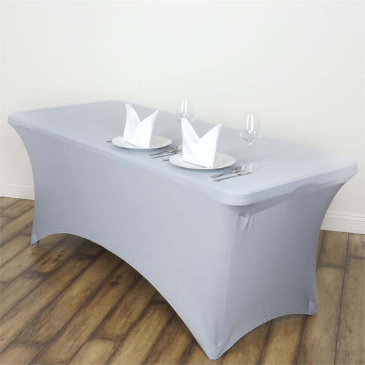 Stretch Spandex 6ft Rectangle Tablecloth Silver - Durable Form - Fitting Table Cover - NestOCart