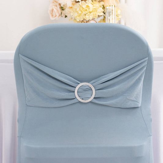 Stretch Spandex Chair Cover Dusty Blue for Folding Chairs - Secure Fit Slipcover with Silver Rhinestone Buckled Sash Band - Bell Racket Store