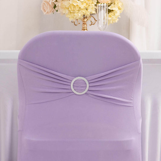 Stretch Spandex Chair Cover Lavender Lilac for Folding Chairs - Secure Fit Slipcover with Silver Rhinestone Buckled Sash Band - Bell Racket Store