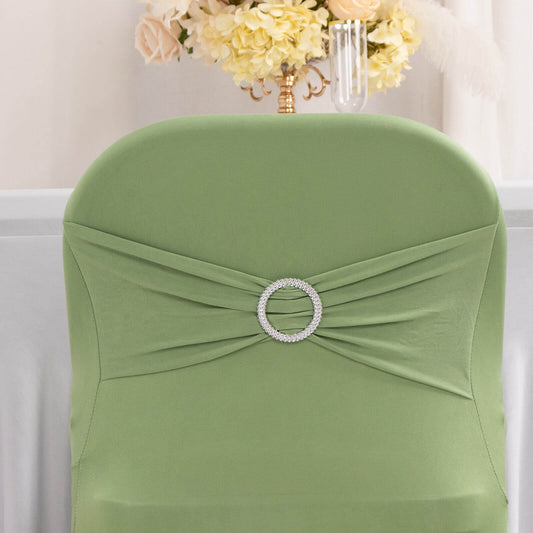Stretch Spandex Chair Cover Sage Green for Folding Chairs - Secure Fit Slipcover with Silver Rhinestone Buckled Sash Band - Bell Racket Store