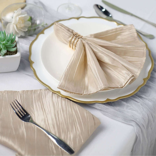 5 Pack Taffeta 20"x20" Napkins Beige - Accordion Crinkle Dinner Napkins