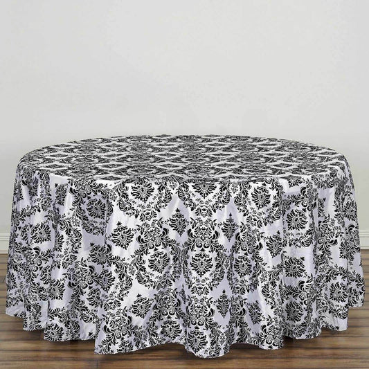 Taffeta 120" Round Tablecloth Black - Seamless Velvet Flocking Damask Design for Sophisticated Gatherings - NestOCart
