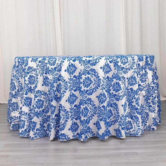 Taffeta 120" Round Tablecloth Royal Blue - Seamless Velvet Flocking Damask Table Cover - Bell Racket Store