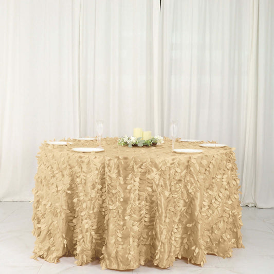 Taffeta 132" Round Tablecloth Champagne | 3D Leaf Petal Design Seamless Table Cover - Bell Racket Store