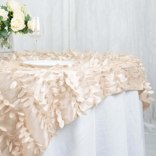 Taffeta 72"x72" Table Overlay Square Tablecloth Beige - 3D Leaf Petal Table Cover
