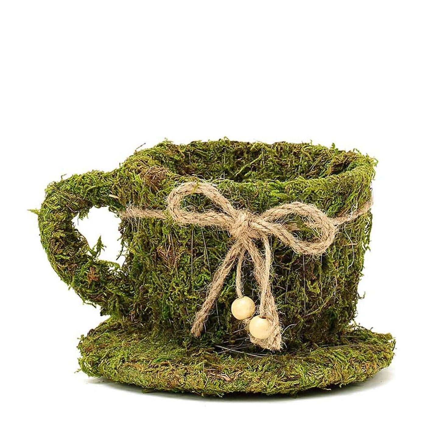 Set of 2 Teacup Shaped Planter Boxes Preserved Moss with Twine Green - Flower Basket Centerpieces 5", 4"