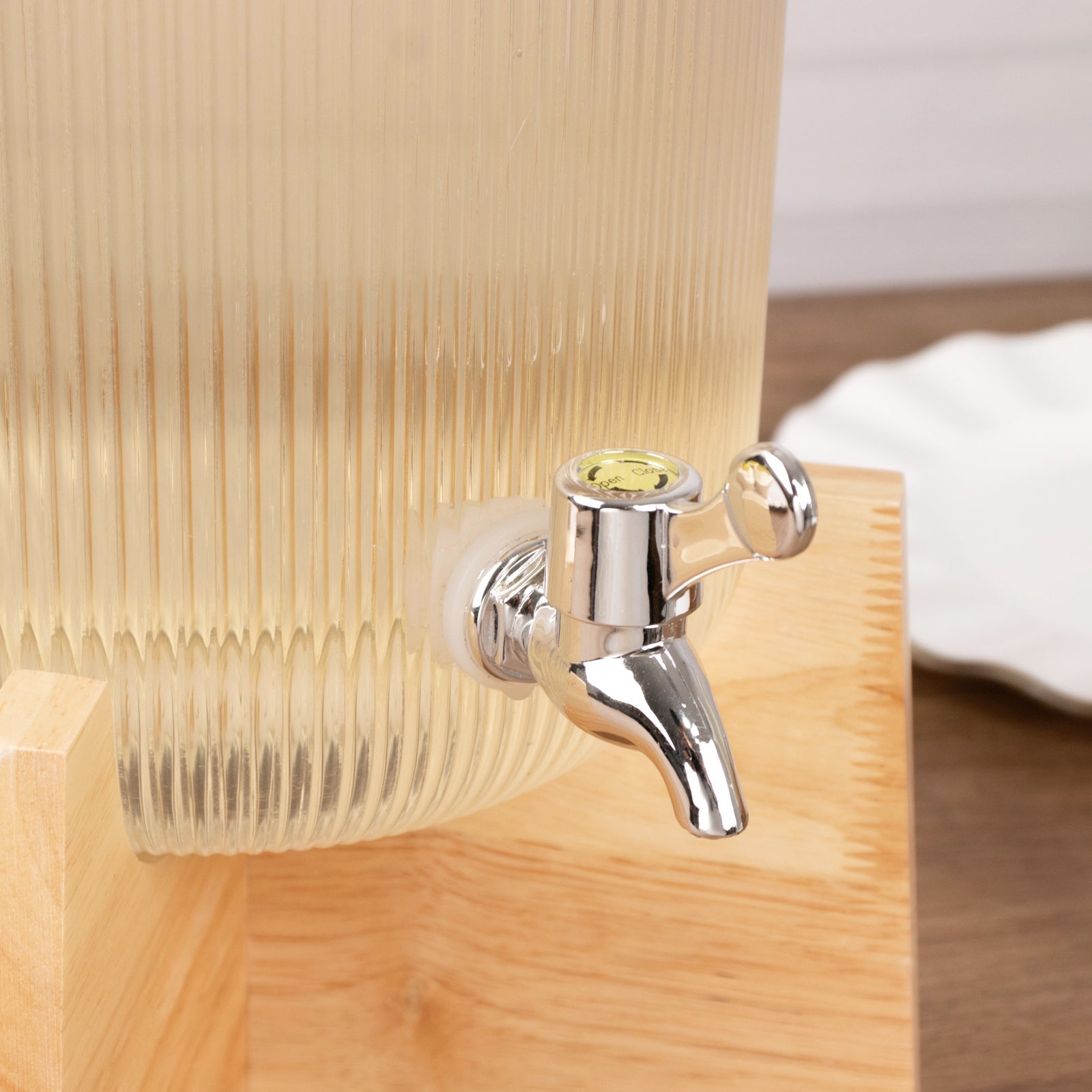 1 Gallon Clear Ribbed Glass Beverage Dispenser, Round Juice Jar with Wooden Stand and Lid - Lead - Free Countertop Feature 14" - Bell Racket Store