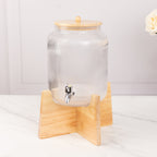 1 Gallon Clear Ribbed Glass Beverage Dispenser, Round Juice Jar with Wooden Stand and Lid - Lead - Free Countertop Feature 14" - Bell Racket Store