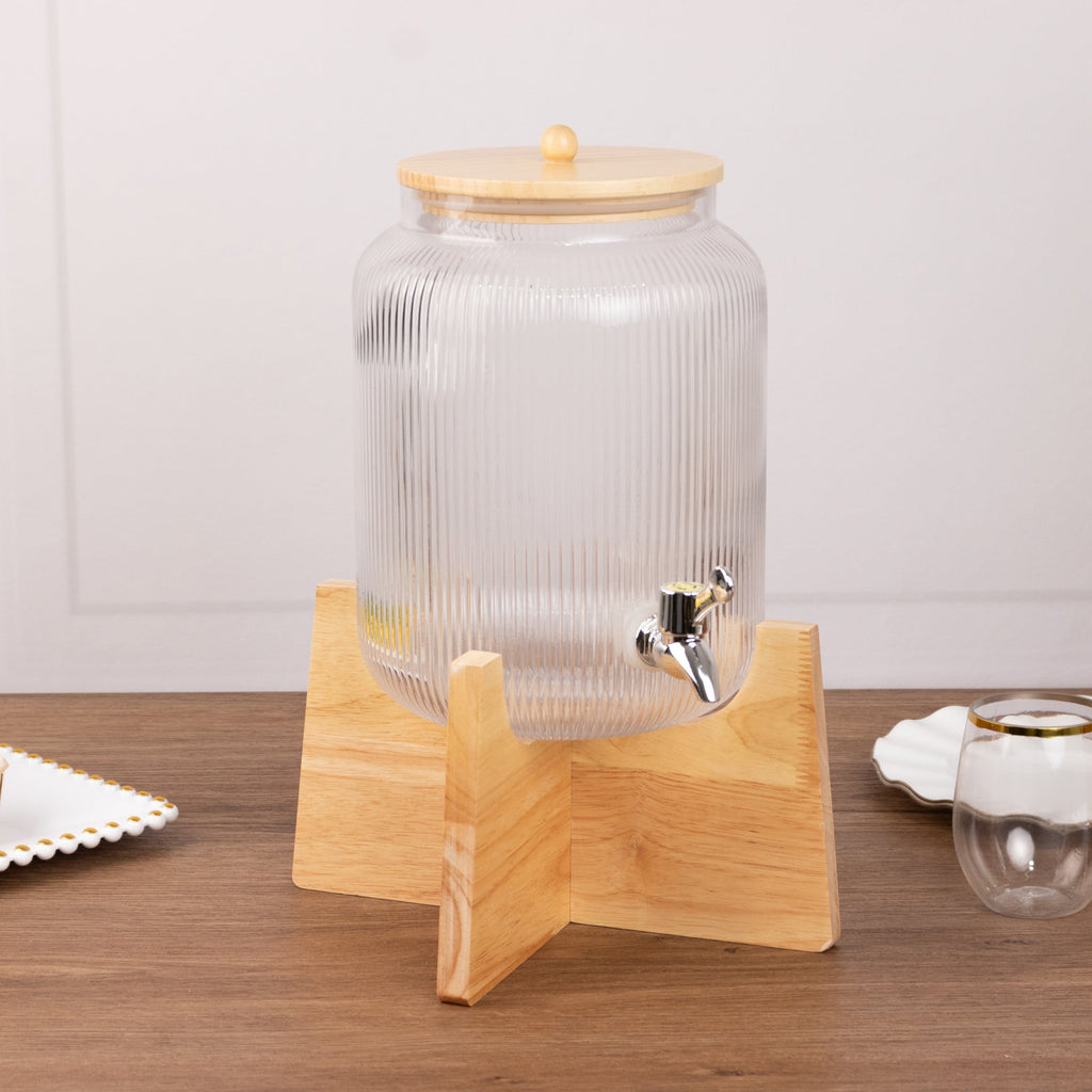 1 Gallon Clear Ribbed Glass Beverage Dispenser, Round Juice Jar with Wooden Stand and Lid - Lead - Free Countertop Feature 14" - Bell Racket Store