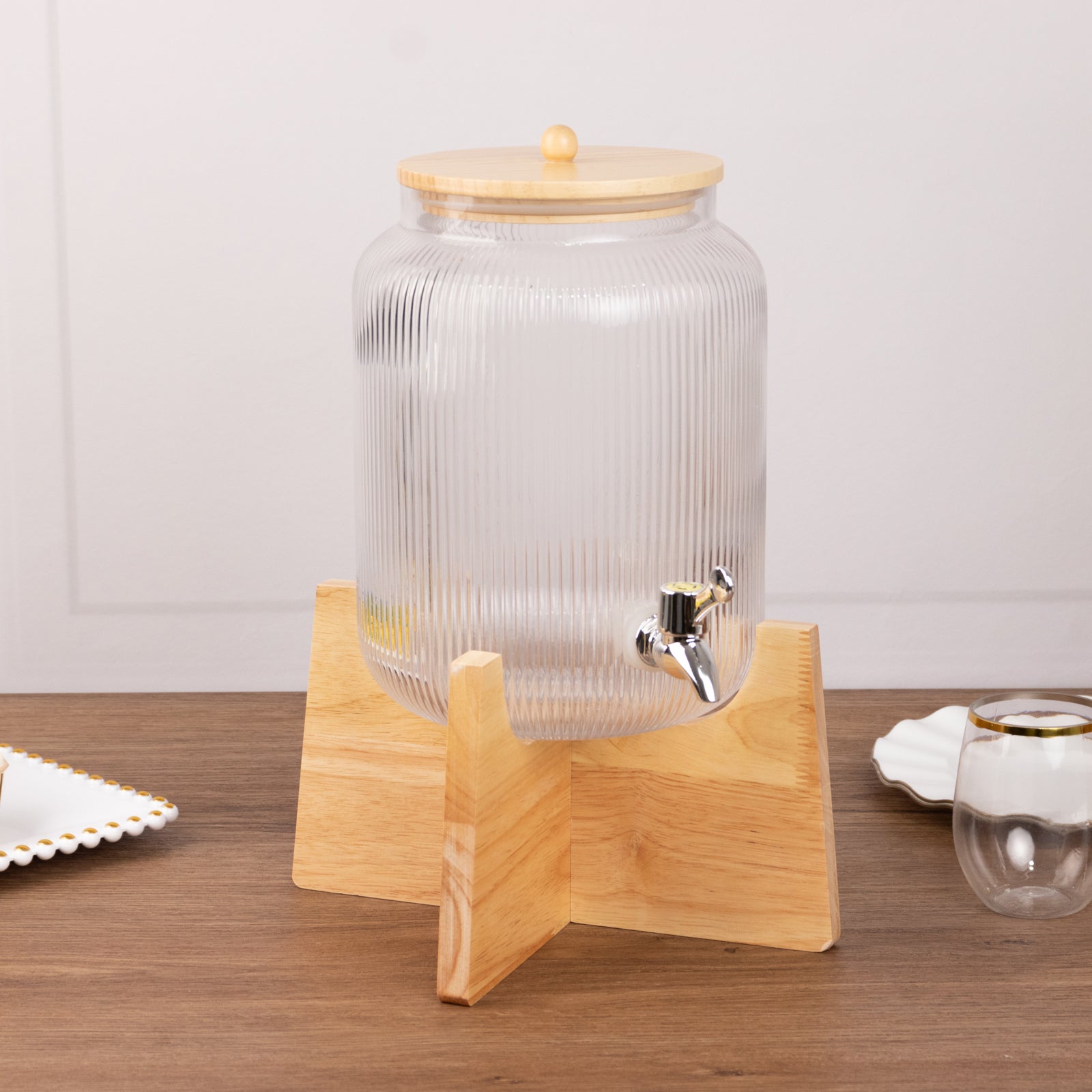 1 Gallon Clear Ribbed Glass Beverage Dispenser, Round Juice Jar with Wooden Stand and Lid - Lead - Free Countertop Feature 14" - Bell Racket Store