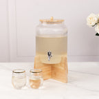 1 Gallon Clear Ribbed Glass Beverage Dispenser, Round Juice Jar with Wooden Stand and Lid - Lead - Free Countertop Feature 14" - Bell Racket Store