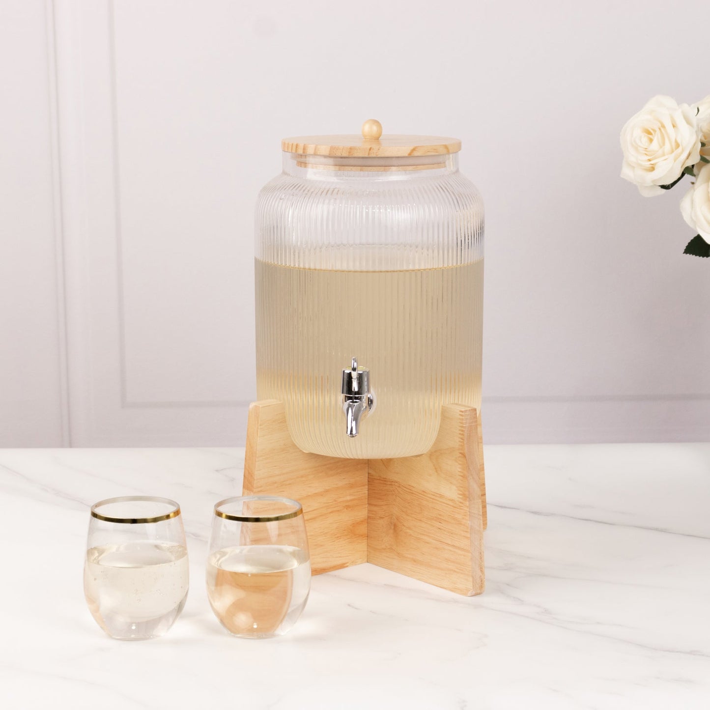 1 Gallon Clear Ribbed Glass Beverage Dispenser, Round Juice Jar with Wooden Stand and Lid - Lead - Free Countertop Feature 14" - Bell Racket Store