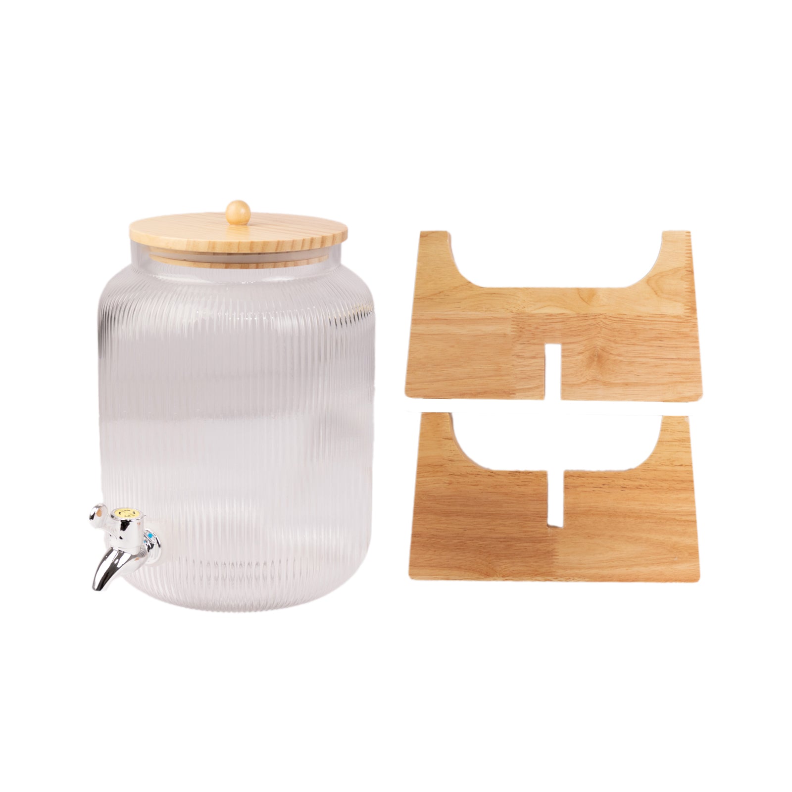 1 Gallon Clear Ribbed Glass Beverage Dispenser, Round Juice Jar with Wooden Stand and Lid - Lead - Free Countertop Feature 14" - Bell Racket Store