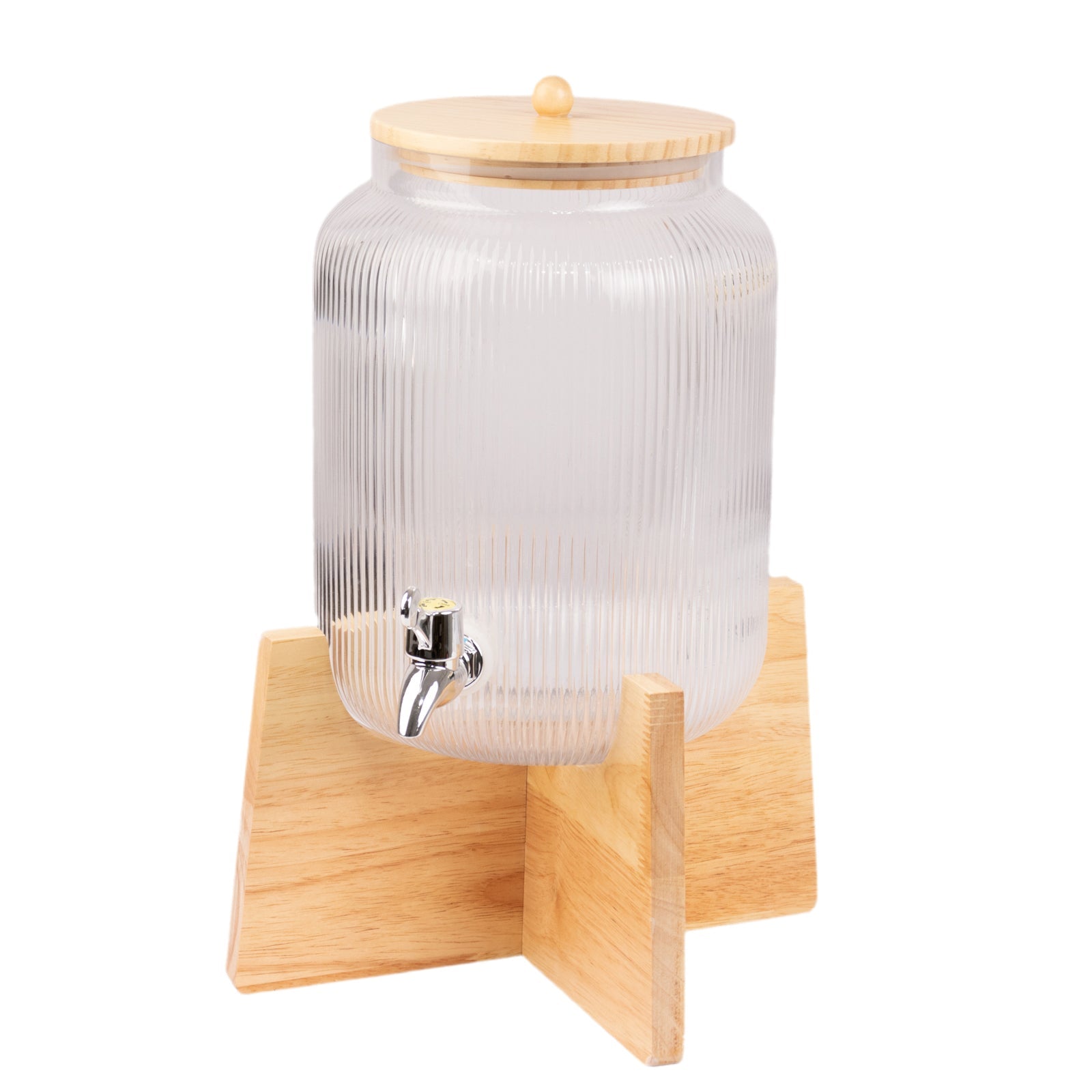 1 Gallon Clear Ribbed Glass Beverage Dispenser, Round Juice Jar with Wooden Stand and Lid - Lead - Free Countertop Feature 14" - Bell Racket Store