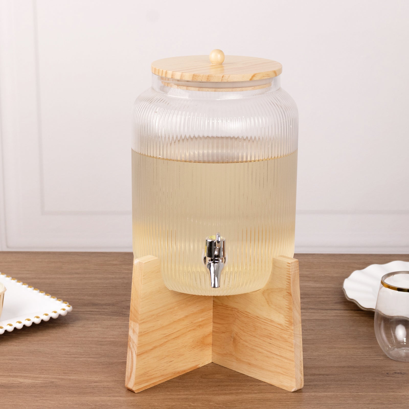 1 Gallon Clear Ribbed Glass Beverage Dispenser, Round Juice Jar with Wooden Stand and Lid - Lead - Free Countertop Feature 14" - Bell Racket Store