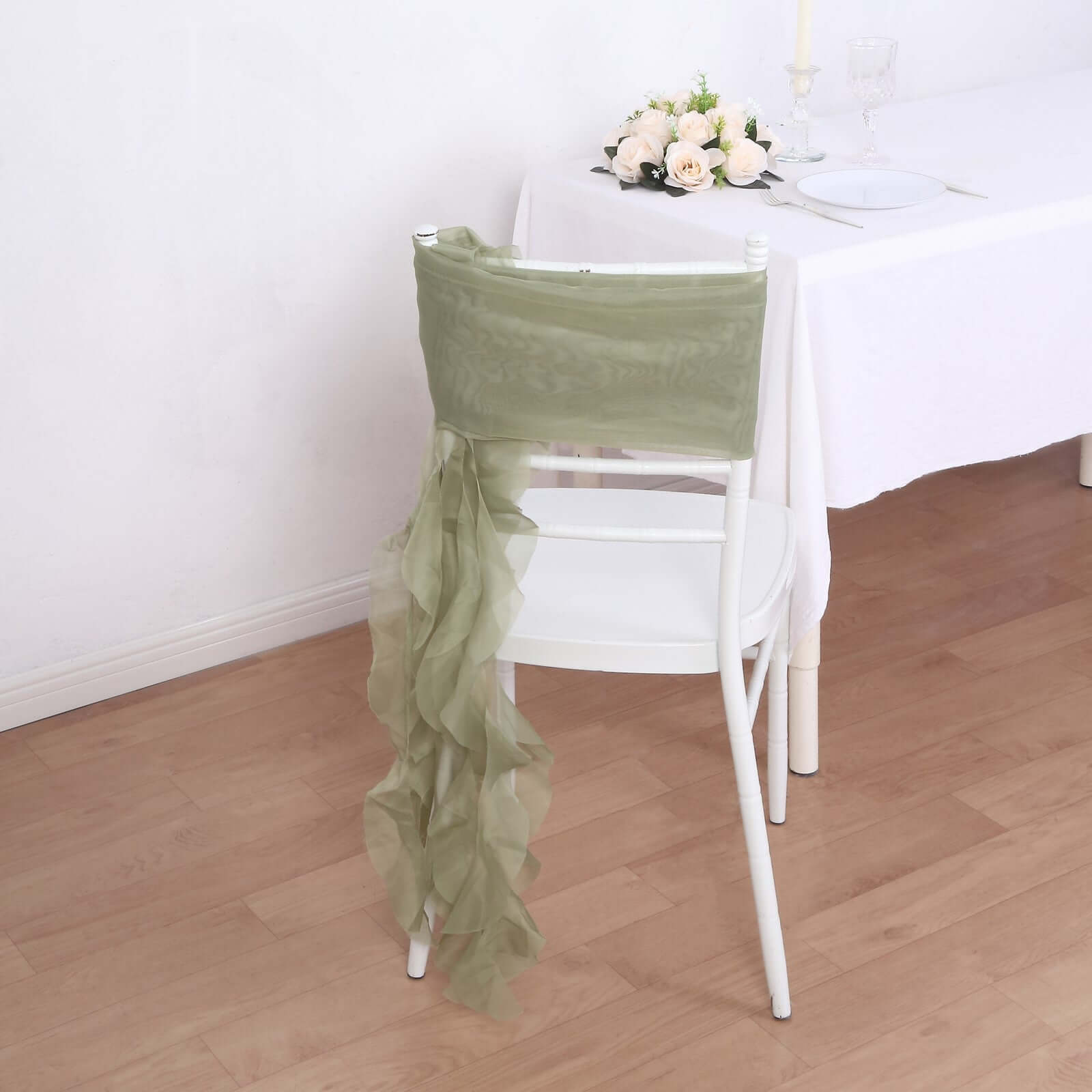 1 Set Chiffon Hoods Chair Sashes with Willow Ruffles Design Dusty Sage Green - Stylish Chair Bow Decor - Bell Racket Store