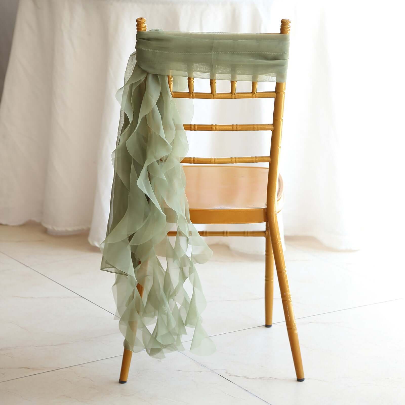 1 Set Chiffon Hoods Chair Sashes with Willow Ruffles Design Dusty Sage Green - Stylish Chair Bow Decor - Bell Racket Store