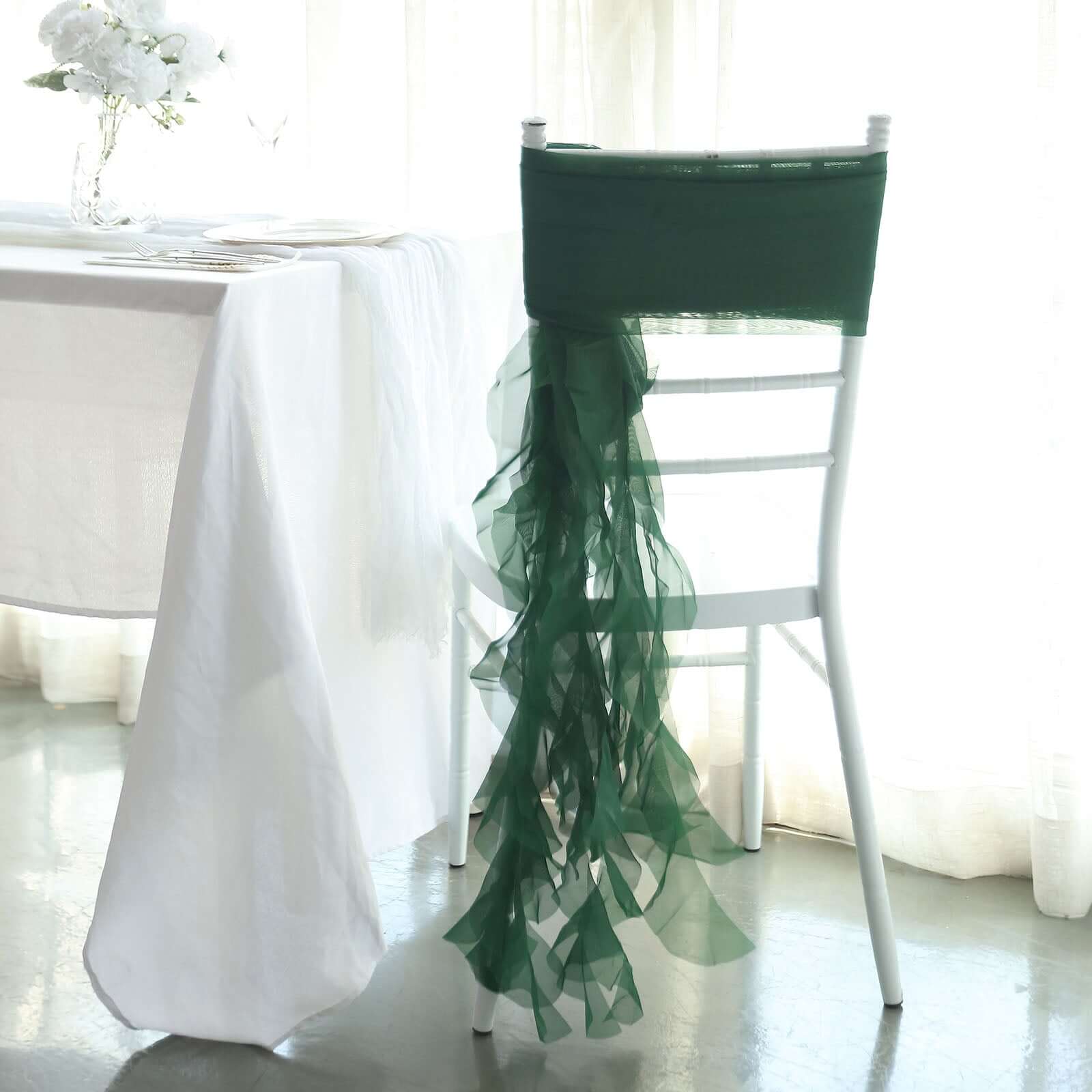 1 Set Chiffon Hoods Chair Sashes with Willow Ruffles Design Hunter Emerald Green - Stylish Chair Bow Decor - Bell Racket Store