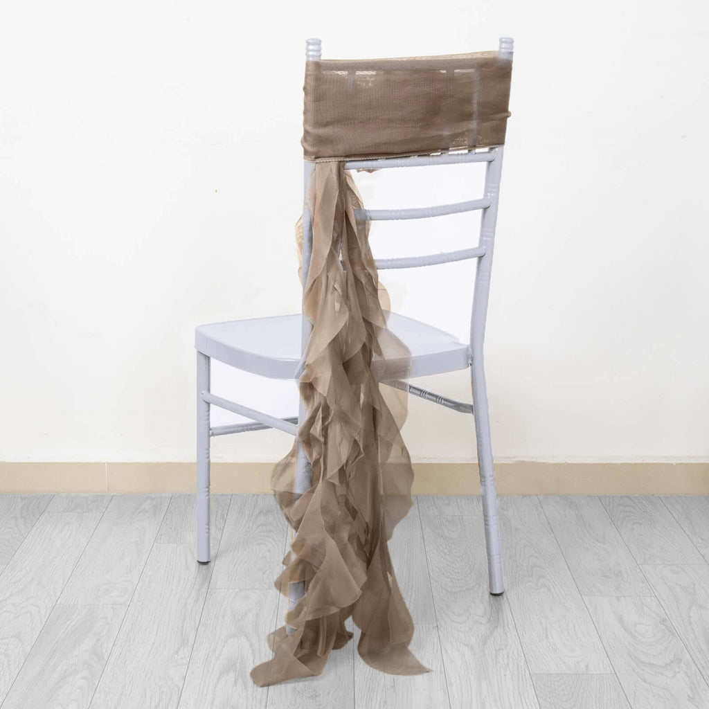 1 Set Chiffon Hoods Chair Sashes with Willow Ruffles Design Taupe - Stylish Chair Bow Decor - Bell Racket Store