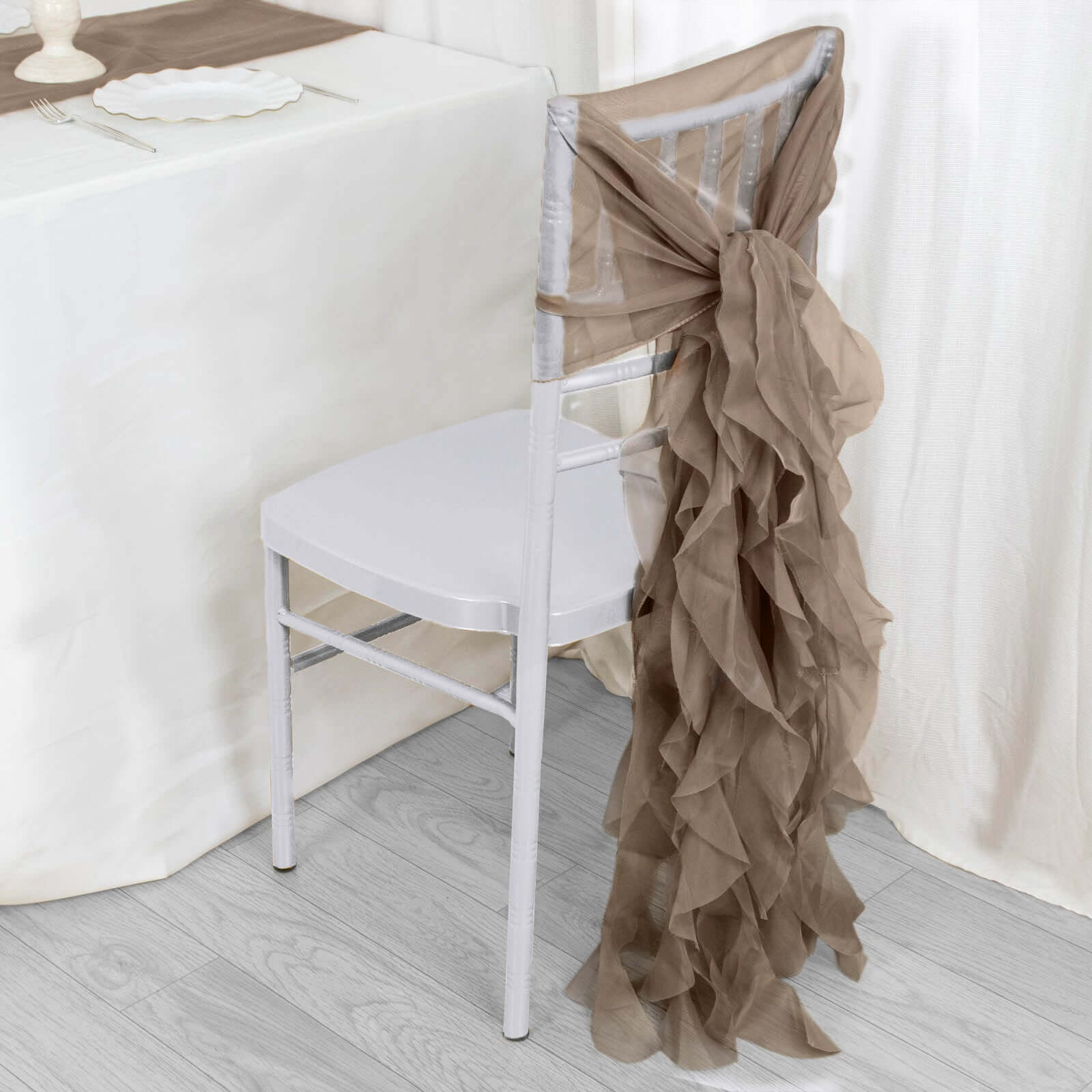 1 Set Chiffon Hoods Chair Sashes with Willow Ruffles Design Taupe - Stylish Chair Bow Decor - Bell Racket Store