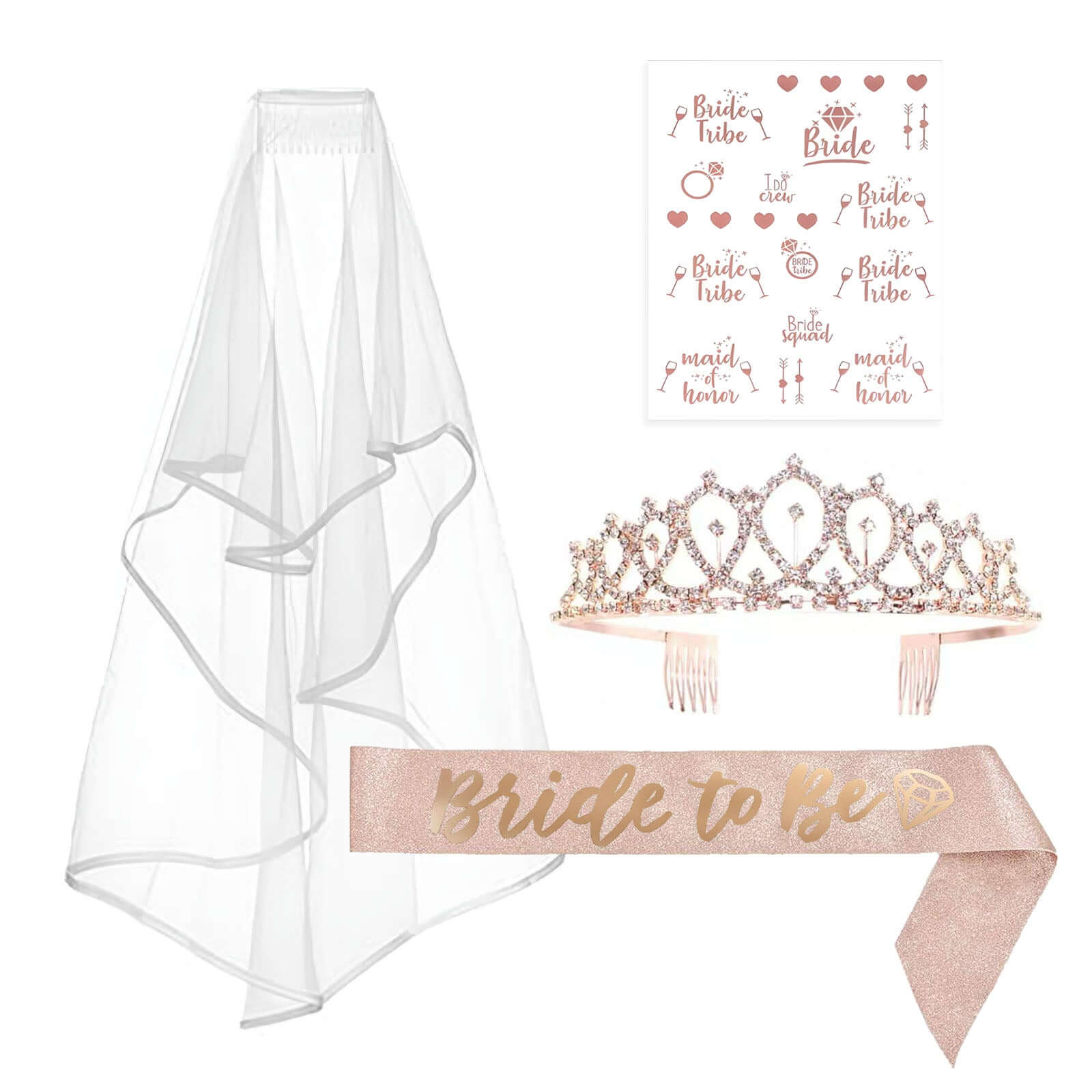 1 Set Rose Gold Bachelorette Party Bride Decor Accessories Kit, White Bridal Veil, Tiara Crown, Glittered Bride To Be Sash, & Stickers - Bell Racket Store