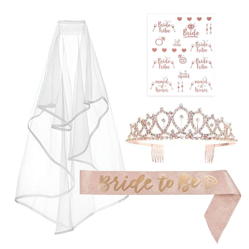 1 Set Rose Gold Bachelorette Party Bride Decor Accessories Kit, White Bridal Veil, Tiara Crown, Glittered Bride To Be Sash, & Stickers - Bell Racket Store