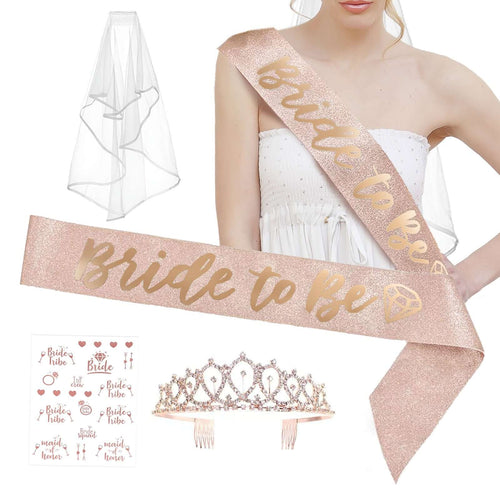 1 Set Rose Gold Bachelorette Party Bride Decor Accessories Kit, White Bridal Veil, Tiara Crown, Glittered Bride To Be Sash, & Stickers - Bell Racket Store