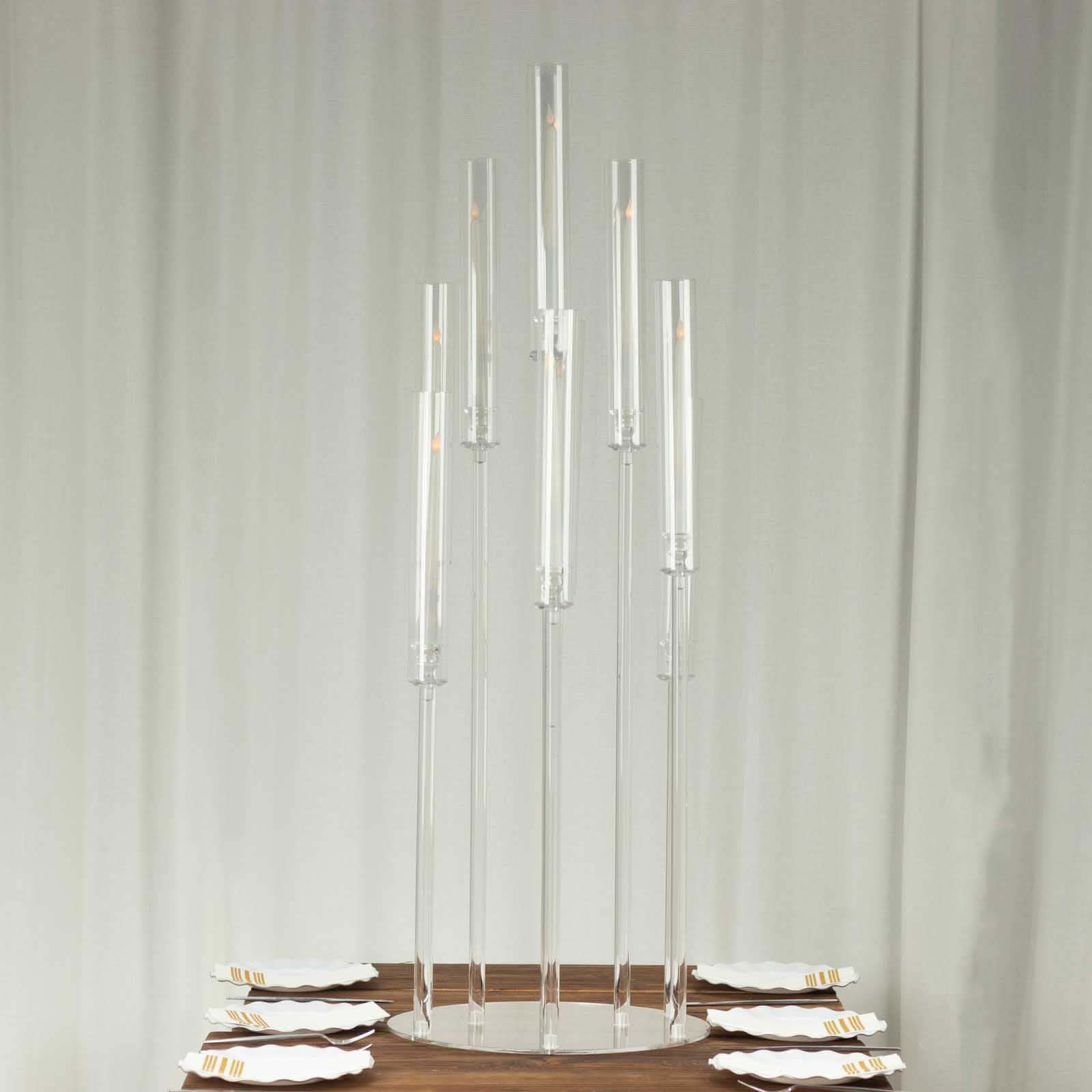 10 - Arm Round Cluster Acrylic Candelabra Clear with Circular Base - Stylish Taper Candle Holder Table Centerpiece for Pillar Candles 47" - Bell Racket Store