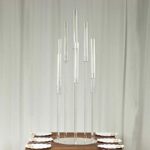 10 - Arm Round Cluster Acrylic Candelabra Clear with Circular Base - Stylish Taper Candle Holder Table Centerpiece for Pillar Candles 47" - Bell Racket Store