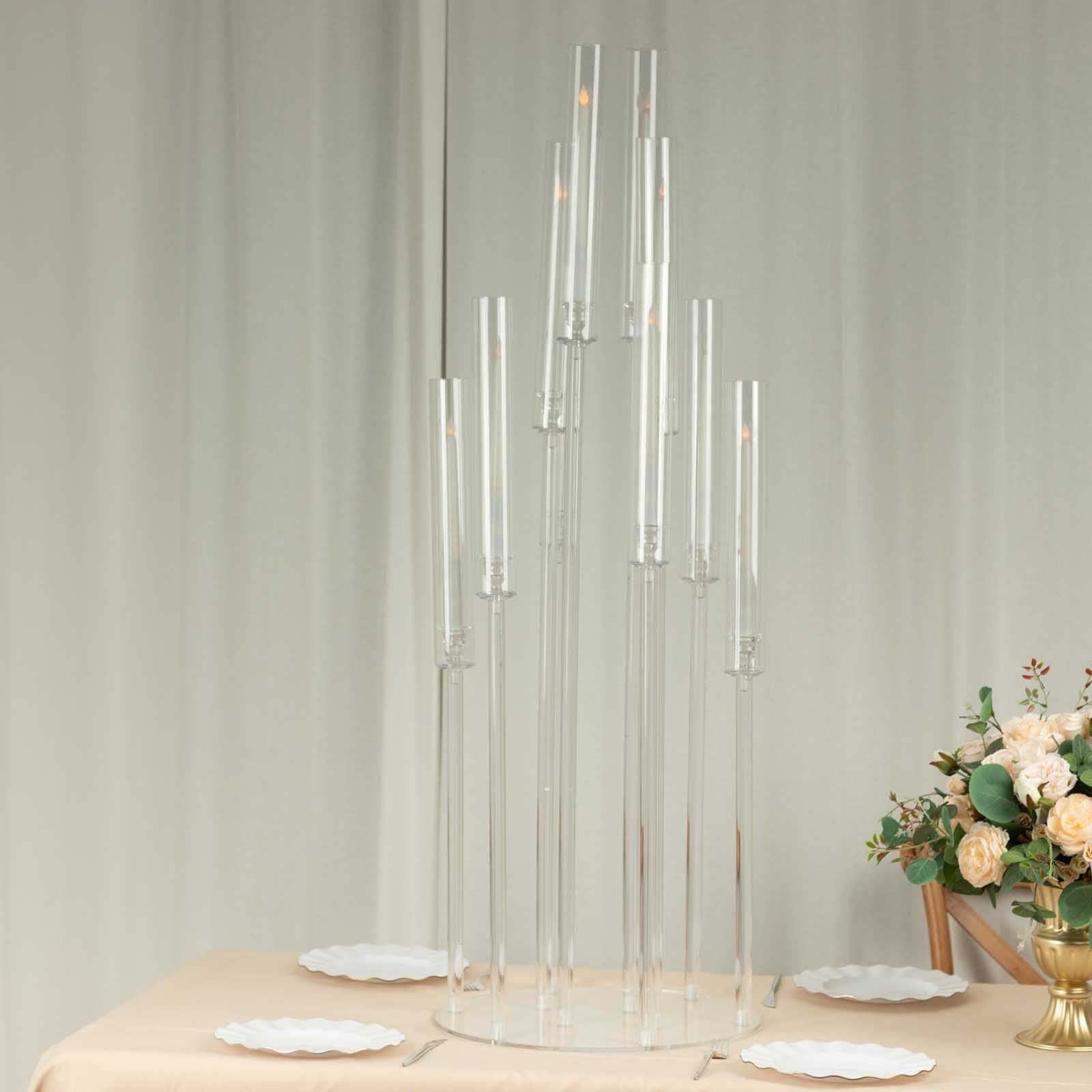 10 - Arm Round Cluster Acrylic Candelabra Clear with Circular Base - Stylish Taper Candle Holder Table Centerpiece for Pillar Candles 47" - Bell Racket Store