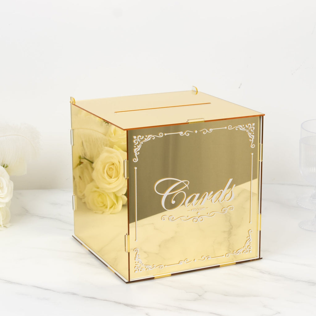10" Gold Mirror Acrylic Wedding Card Box with Slot - Wishing Well Money Box for Reception, Graduation, and Events - Bell Racket Store