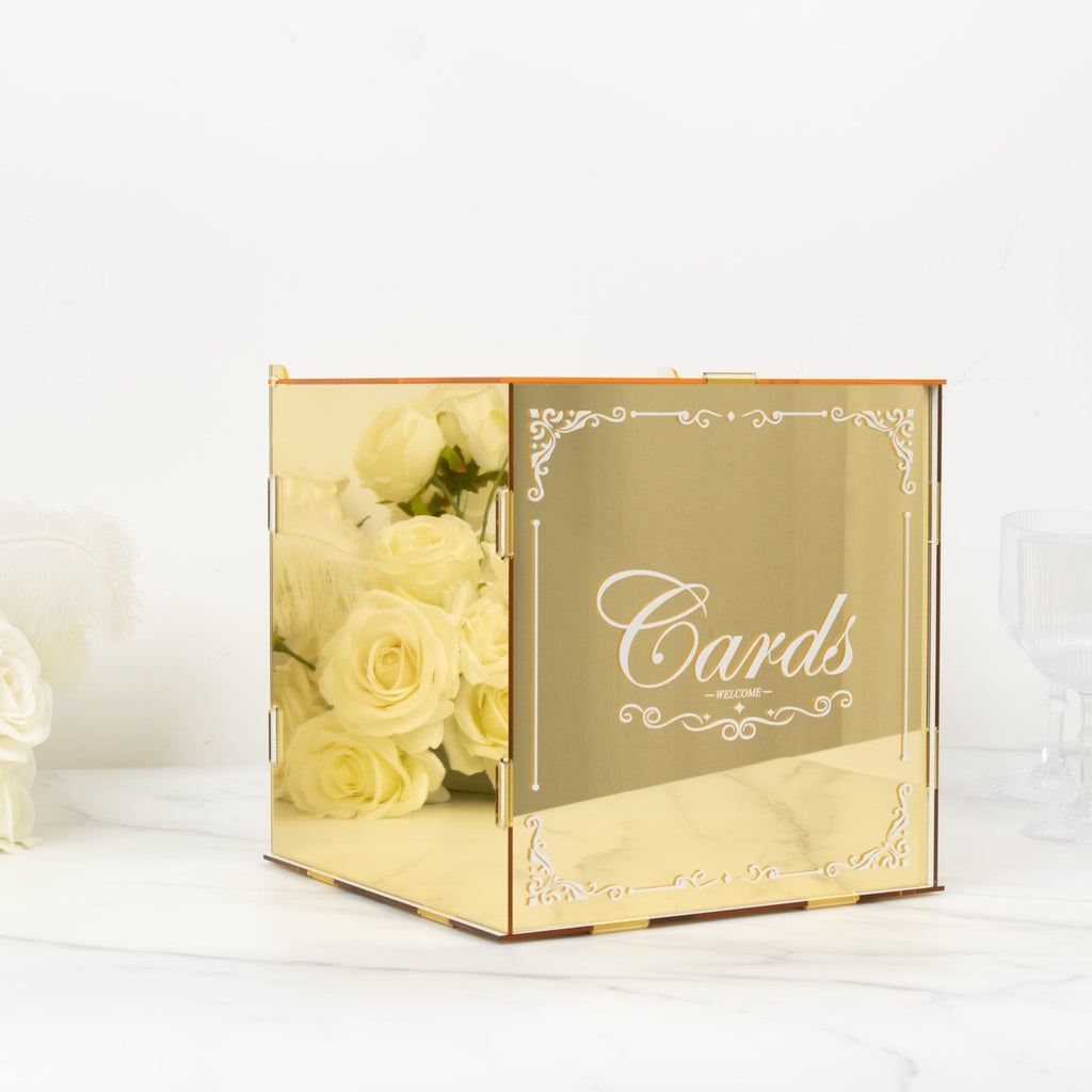 10" Gold Mirror Acrylic Wedding Card Box with Slot - Wishing Well Money Box for Reception, Graduation, and Events - Bell Racket Store