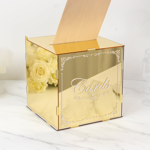 10" Gold Mirror Acrylic Wedding Card Box with Slot - Wishing Well Money Box for Reception, Graduation, and Events - Bell Racket Store