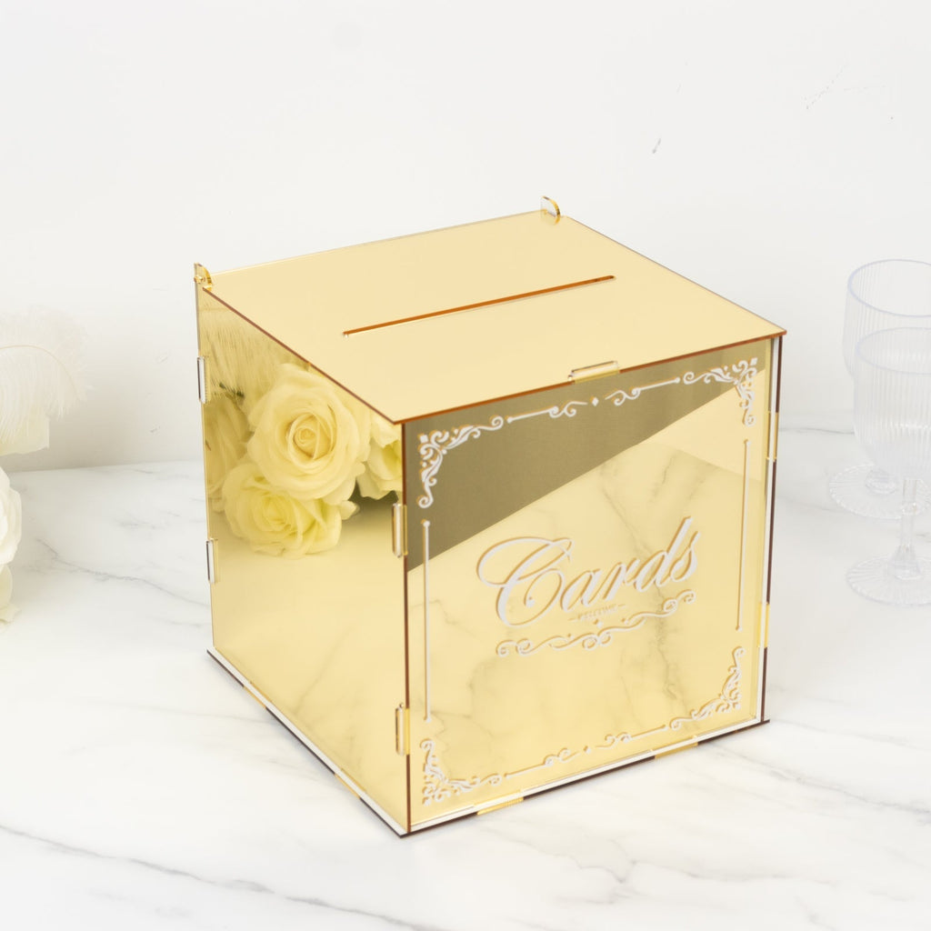10" Gold Mirror Acrylic Wedding Card Box with Slot - Wishing Well Money Box for Reception, Graduation, and Events - Bell Racket Store