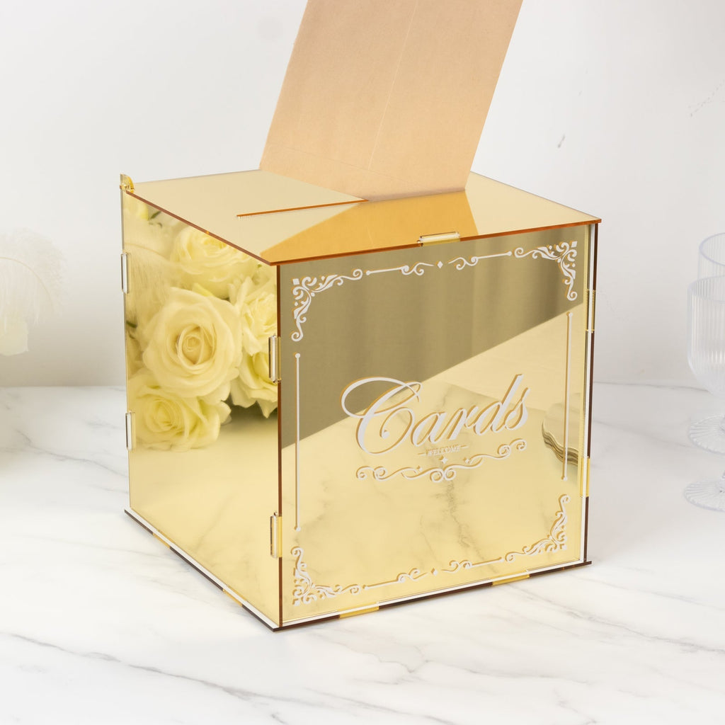 10" Gold Mirror Acrylic Wedding Card Box with Slot - Wishing Well Money Box for Reception, Graduation, and Events - Bell Racket Store