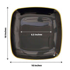 10-Pack Plastic 10" Square Dinner Plates in Black with Gold Rim - Classy Disposable Lunch Party Plates