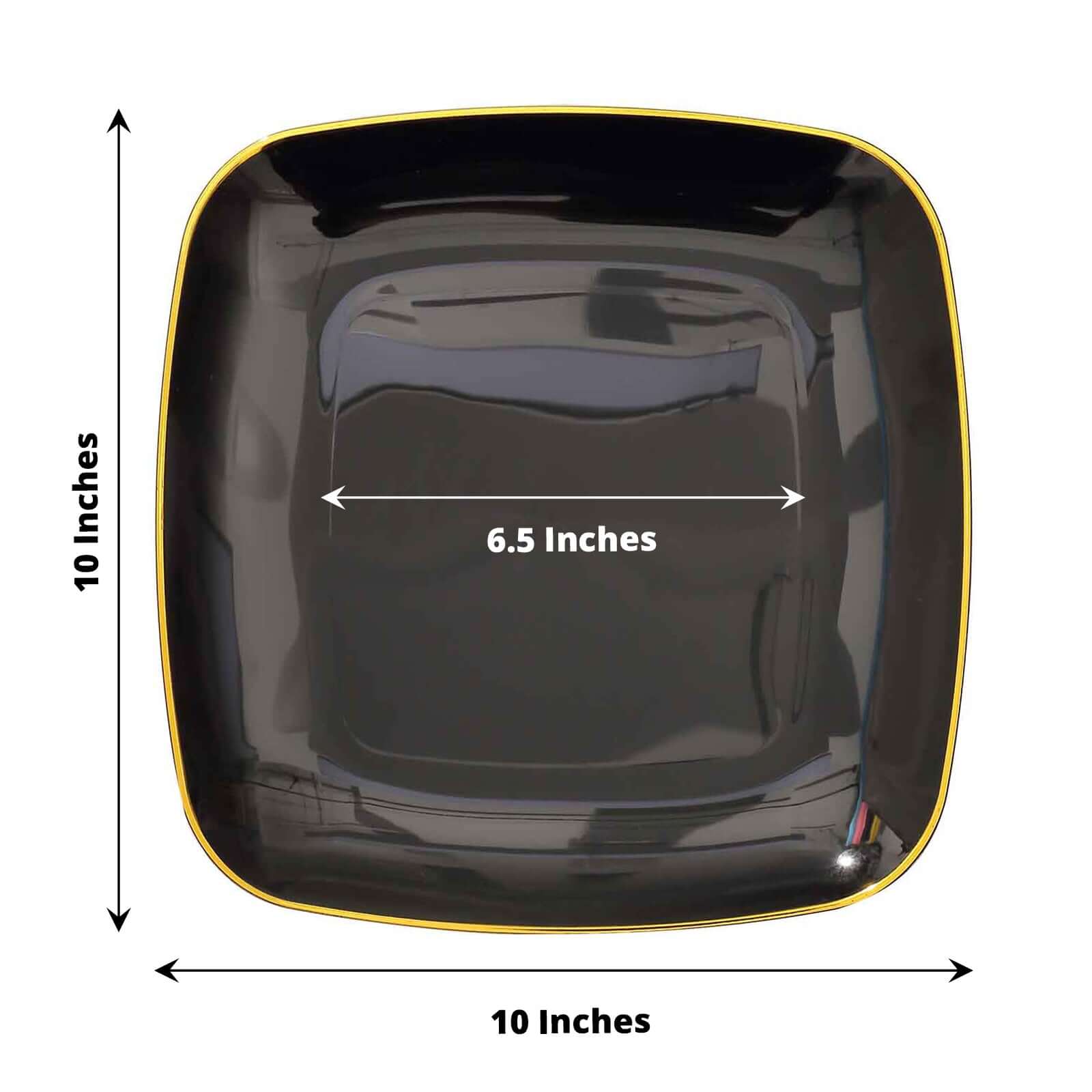 10-Pack Plastic 10" Square Dinner Plates in Black with Gold Rim - Classy Disposable Lunch Party Plates