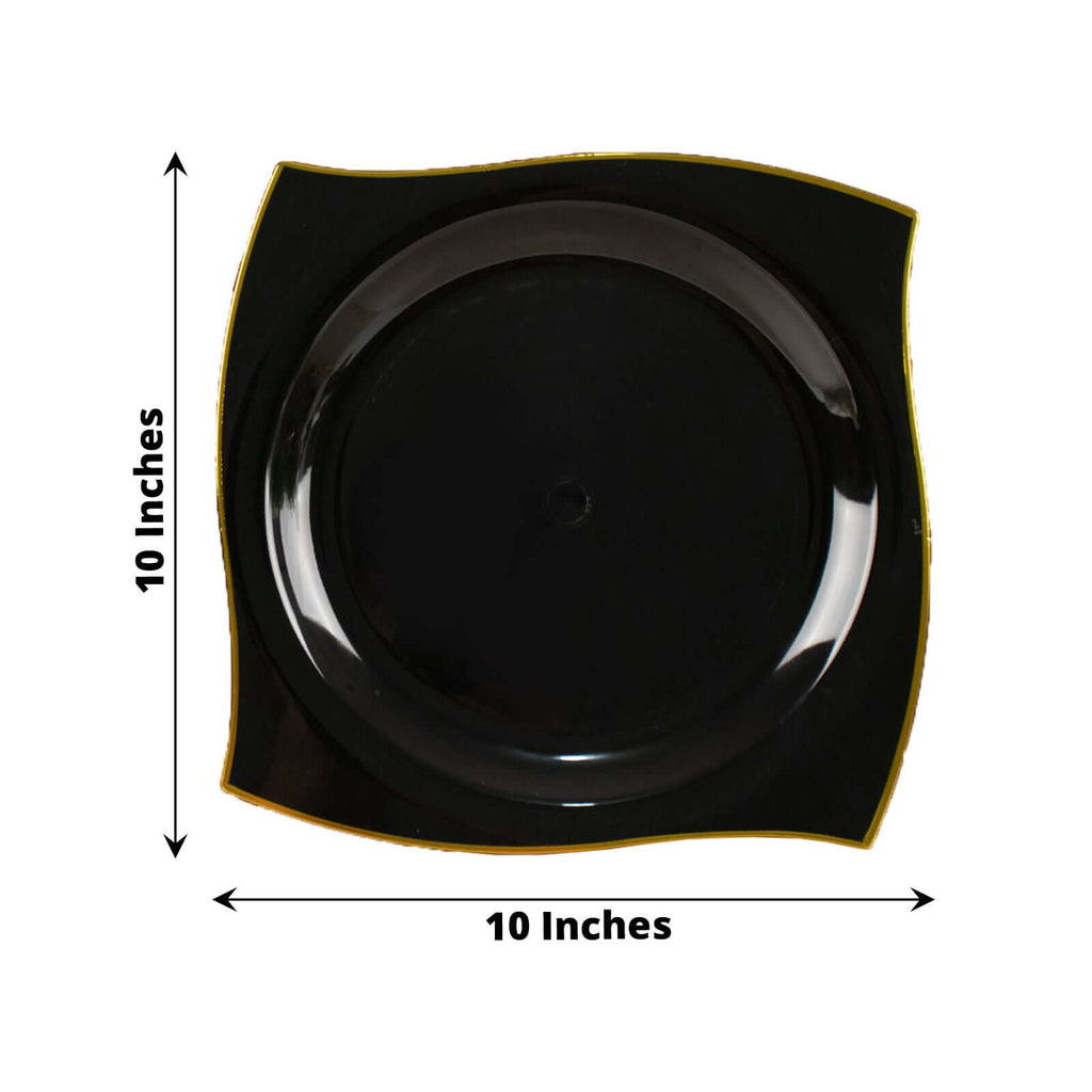 10-Pack Plastic 10" Square Dinner Plates in Black with Gold Wavy Rim Modern - Disposable Party Plates