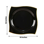 10-Pack Plastic 10" Square Dinner Plates in Black with Gold Wavy Rim Modern - Disposable Party Plates