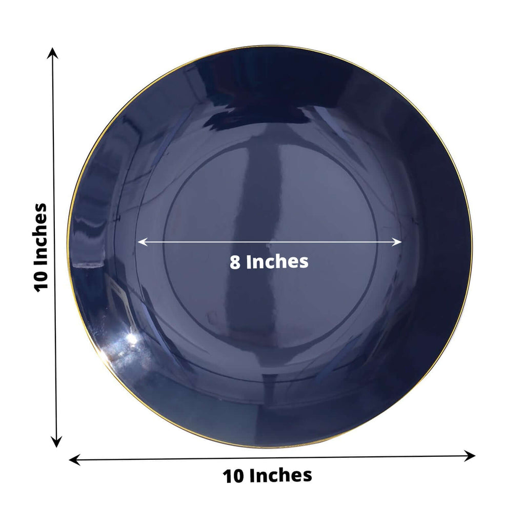10-Pack Plastic 10" Round Dinner Plates in Navy Blue with Gold Rim - Glossy Disposable Party Plates