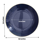 10-Pack Plastic 10" Round Dinner Plates in Navy Blue with Gold Rim - Glossy Disposable Party Plates