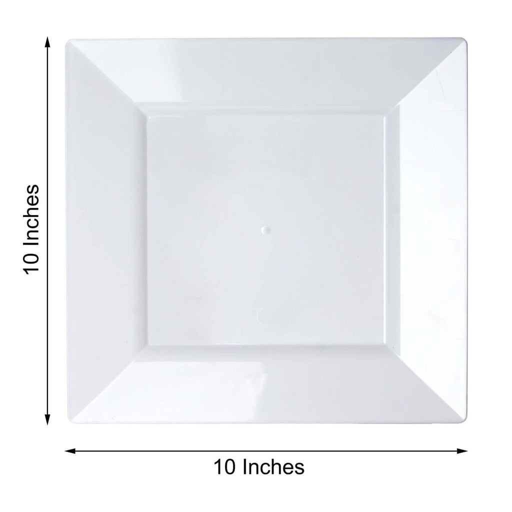10-Pack Plastic Dinner Plates Glossy White Square with Wide Rim - Sturdy Disposable Party Plates 10"