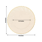 10-Pack Plastic 10" Round Dinner Plates in Ivory with Gold Flair Rim - Disposable Party Plates