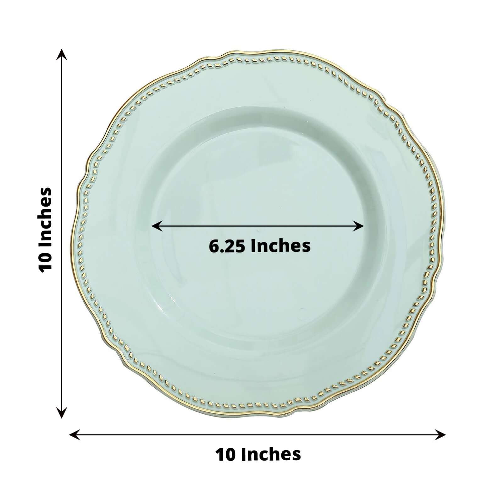 10-Pack Plastic 10" Dinner Plates in Jade with Gold Scalloped Rim - Disposable Large Party Plates