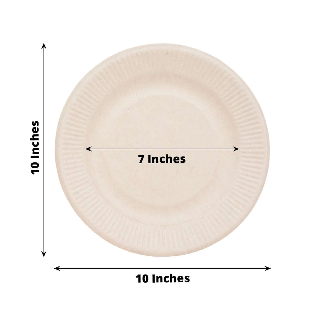 50-Pack Bagasse 10" Round Dinner Plates in Natural with Ribbed Rim - Eco Friendly Biodegradable Sugarcane Party Plates for Events