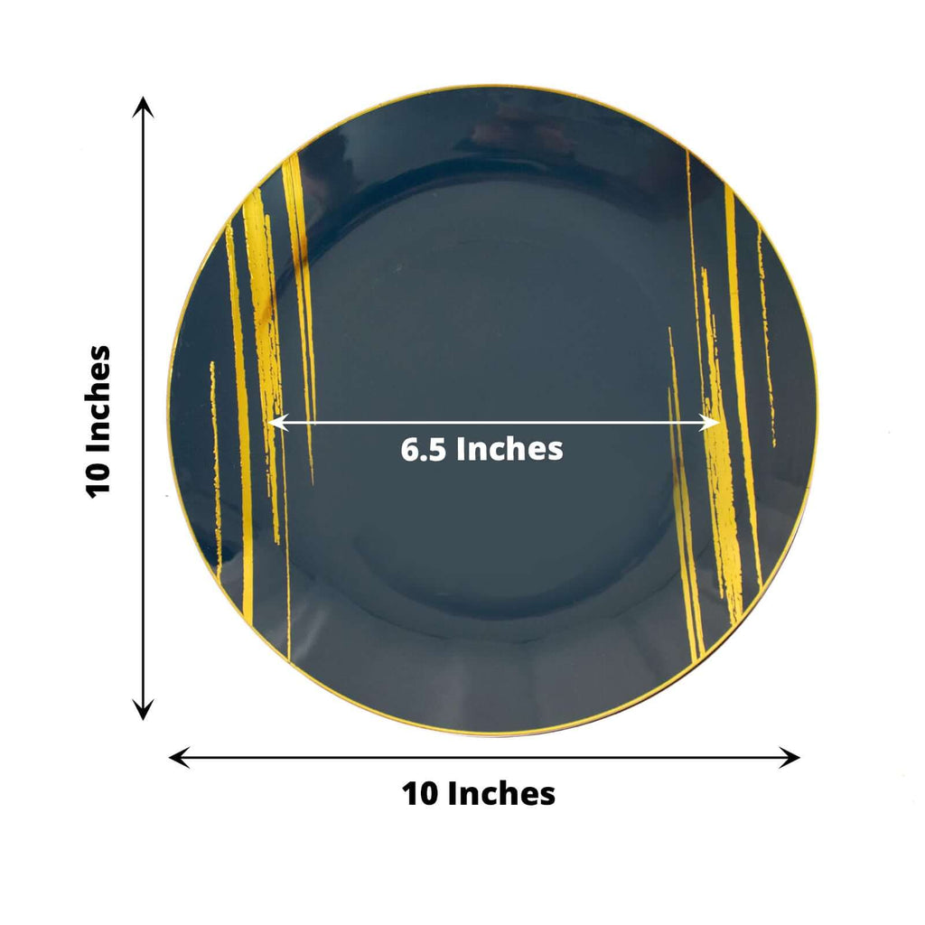10-Pack Plastic 10" Round Dinner Plates in Navy Blue with Gold Brush Stroked Print - Disposable Party Dinnerware
