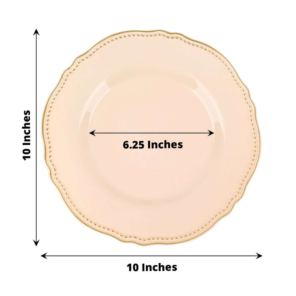 10-Pack Plastic 10" Dinner Plates in Nude with Gold Scalloped Rim - Disposable Large Party Plates