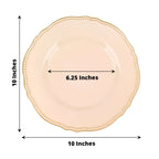 10-Pack Plastic 10" Dinner Plates in Nude with Gold Scalloped Rim - Disposable Large Party Plates